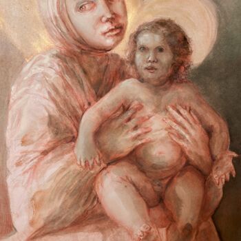 Σχέδιο με τίτλο "Vierge et l'Enfant" από Gilles Glaçon, Αυθεντικά έργα τέχνης, Κιμωλία