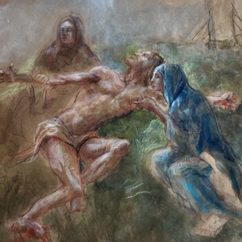 Dibujo titulada "Descente de croix" por Gilles Glaçon, Obra de arte original, Pastel