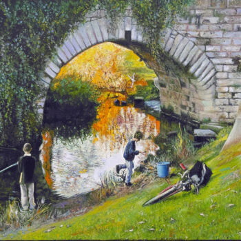 Картина под названием "La pêche au pont" - Gilles Paul Esnault, Подлинное произведение искусства, Масло Установлен на Деревя…