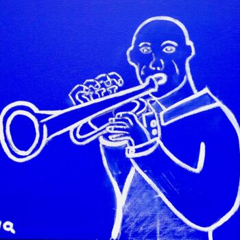 Painting titled "White on Blue Jazzy…" by Gilles Piquereau, Original Artwork, Oil