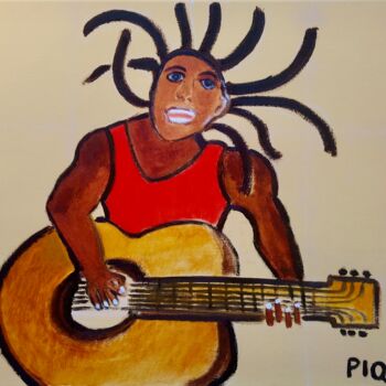 Painting titled "RASTA GUITARIST" by Gilles Piquereau, Original Artwork, Oil Mounted on Other rigid panel