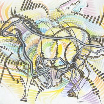 Schilderij getiteld "attention un cheval…" door Gilles Renard, Origineel Kunstwerk
