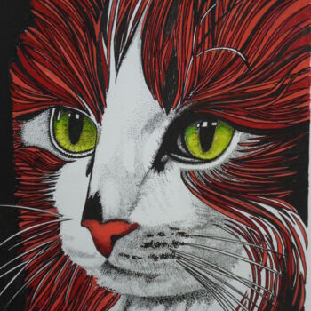 Peinture intitulée "chat roux" par Gilles Thoueilles, Œuvre d'art originale, Encre
