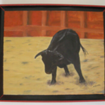 Painting titled "Taureau dans l'arène" by Gilles Bictel, Original Artwork, Oil