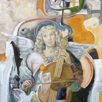 Painting titled "Ange musicien et co…" by Gilles Chambon, Original Artwork, Oil