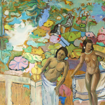 Pittura intitolato "Baigneuses aux lotus" da Gilles Chambon, Opera d'arte originale, Olio