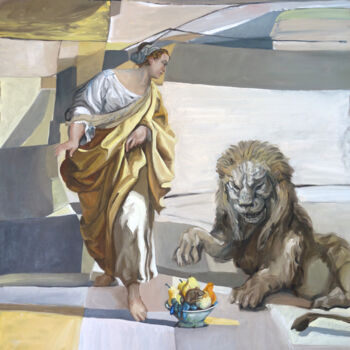 「La Sainte, le lion,…」というタイトルの絵画 Gilles Chambonによって, オリジナルのアートワーク, オイル ウッドストレッチャーフレームにマウント