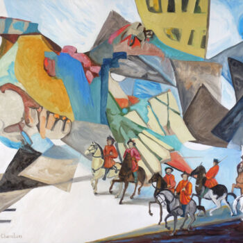 Painting titled "Les cavaliers gardi…" by Gilles Chambon, Original Artwork, Oil Mounted on Wood Stretcher frame