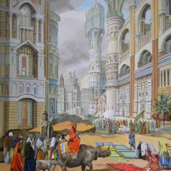 Pittura intitolato "L'entrée à Jérusalem" da Gilles Chambon, Opera d'arte originale, Olio