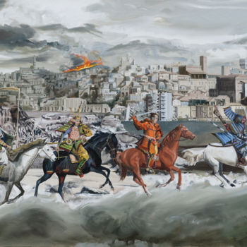 Pintura intitulada "Les quatre cavalier…" por Gilles Chambon, Obras de arte originais, Óleo
