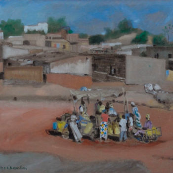 「Point d'eau à Bamak…」というタイトルの絵画 Gilles Chambonによって, オリジナルのアートワーク, オイル