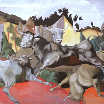Painting titled "taureaux jouant à s…" by Gilles Chambon, Original Artwork, Oil