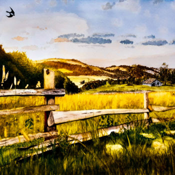 Pittura intitolato "paysage de campagne…" da Gilles Mathieu, Opera d'arte originale, Acquarello