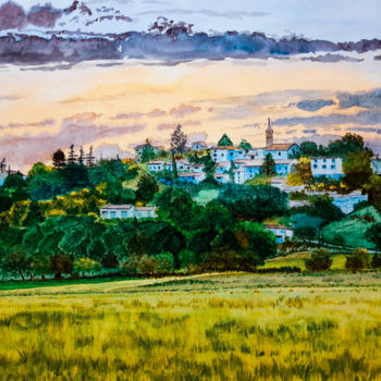 Ζωγραφική με τίτλο "village provençal" από Gilles Mathieu, Αυθεντικά έργα τέχνης, Ακουαρέλα