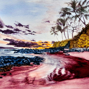 Painting titled "plage tropicale sol…" by Gilles Mathieu, Original Artwork, Watercolor