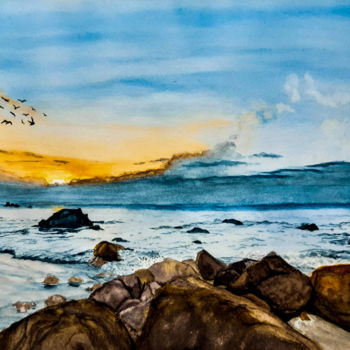 Pintura intitulada "plage bretonne sole…" por Gilles Mathieu, Obras de arte originais, Aquarela