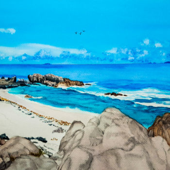 Painting titled "plage tropicale" by Gilles Mathieu, Original Artwork, Watercolor