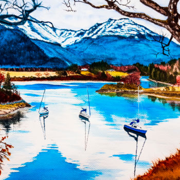 Pintura intitulada "lac de montagne et…" por Gilles Mathieu, Obras de arte originais, Aquarela