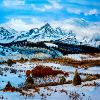 Ζωγραφική με τίτλο "montagnes enneigées" από Gilles Mathieu, Αυθεντικά έργα τέχνης, Ακουαρέλα