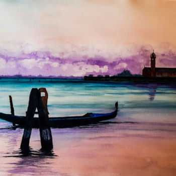 Peinture intitulée "Gondole et lagune d…" par Gilles Mathieu, Œuvre d'art originale, Aquarelle