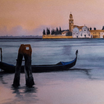 Painting titled "Gondole et lagune d…" by Gilles Mathieu, Original Artwork, Watercolor