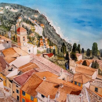 Pintura titulada "Roquebrune_vue plon…" por Gilles Mathieu, Obra de arte original, Acuarela