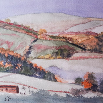 Painting titled "Campagne anglaise e…" by Gilles Mathieu, Original Artwork, Watercolor