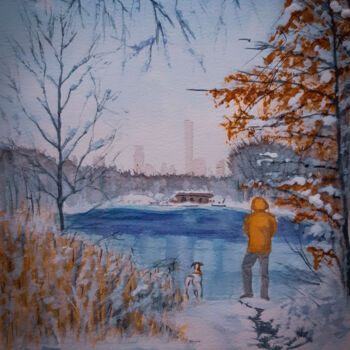 Painting titled "Winter walk in Cent…" by Gilles Mathieu, Original Artwork, Watercolor