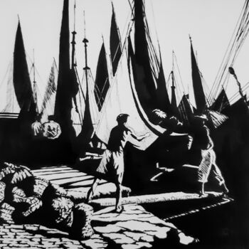 Desenho intitulada "A quai" por Gilles Mathieu, Obras de arte originais, Tinta