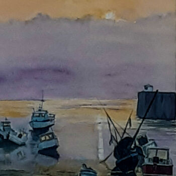 Painting titled "Bateaux à marée bas…" by Gilles Mathieu, Original Artwork, Watercolor