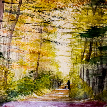 Peinture intitulée "sentier forestier d…" par Gilles Mathieu, Œuvre d'art originale, Aquarelle