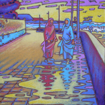 Painting titled "Ifnawia . plage d'…" by Gilles Mével, Original Artwork, Pastel Mounted on Wood Stretcher frame