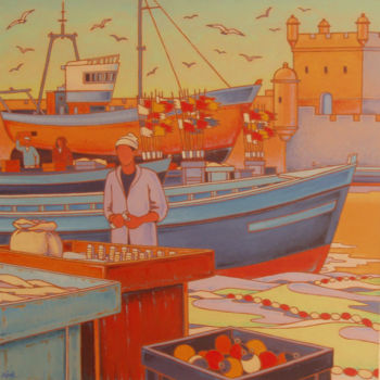 Ζωγραφική με τίτλο "le port d' Essaouira" από Gilles Mével, Αυθεντικά έργα τέχνης, Ακρυλικό Τοποθετήθηκε στο Ξύλινο φορείο σ…