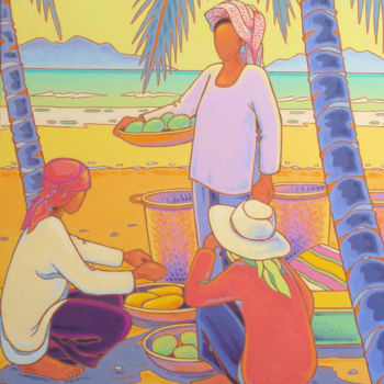 Painting titled "Cambodgiennes" by Gilles Mével, Original Artwork, Acrylic Mounted on Wood Stretcher frame