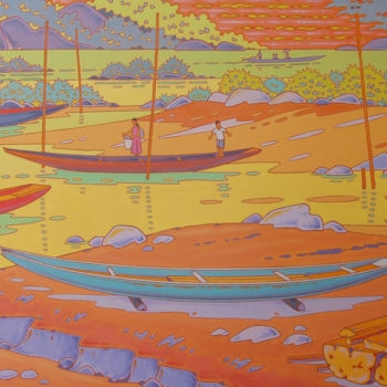Malarstwo zatytułowany „Barques sur la Nam…” autorstwa Gilles Mével, Oryginalna praca, Akryl Zamontowany na Drewniana rama n…