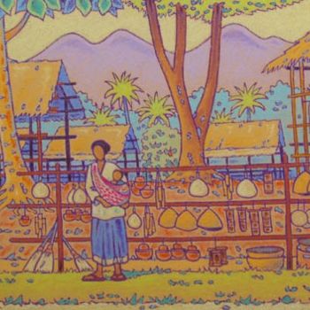 Peinture intitulée "village lao" par Gilles Mével, Œuvre d'art originale, Pastel