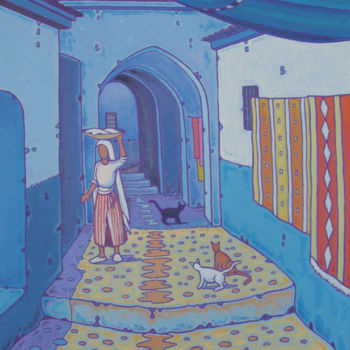 Painting titled "rue à chaouen" by Gilles Mével, Original Artwork, Acrylic Mounted on Wood Stretcher frame