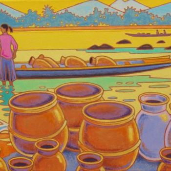 Painting titled "le mekong à luang p…" by Gilles Mével, Original Artwork, Acrylic Mounted on Wood Stretcher frame