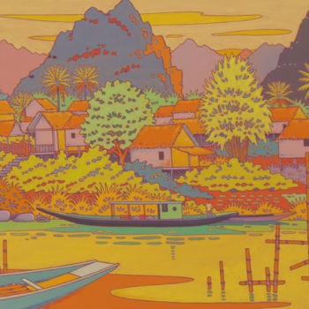 Pintura intitulada "la Nam Ou au Laos" por Gilles Mével, Obras de arte originais, Acrílico Montado em Armação em madeira