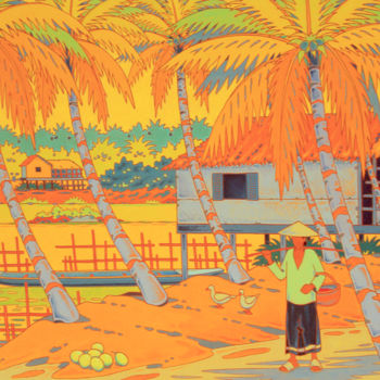 Painting titled "le mekong au laos" by Gilles Mével, Original Artwork, Acrylic Mounted on Wood Stretcher frame