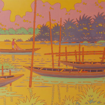 Painting titled "riviere viet-nam" by Gilles Mével, Original Artwork, Acrylic Mounted on Wood Stretcher frame