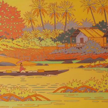 Painting titled "le mekong.sud laos" by Gilles Mével, Original Artwork, Acrylic Mounted on Wood Stretcher frame