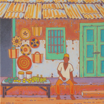 Painting titled "dans un village de…" by Gilles Mével, Original Artwork, Acrylic Mounted on Wood Stretcher frame