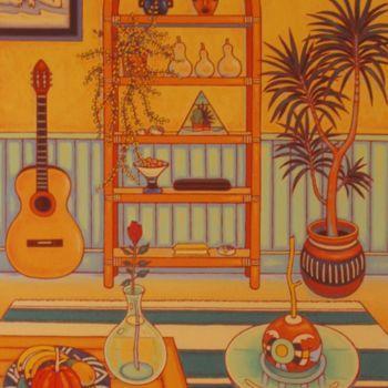 Schilderij getiteld "interieur en jaune" door Gilles Mével, Origineel Kunstwerk, Acryl Gemonteerd op Frame voor houten branc…