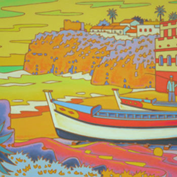 Pintura intitulada "plage en Algarve" por Gilles Mével, Obras de arte originais, Acrílico Montado em Armação em madeira