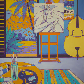 Painting titled "atelier bleu" by Gilles Mével, Original Artwork, Acrylic Mounted on Wood Stretcher frame