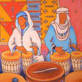 Painting titled "musiciens Gnaoua" by Gilles Mével, Original Artwork, Acrylic Mounted on Wood Stretcher frame