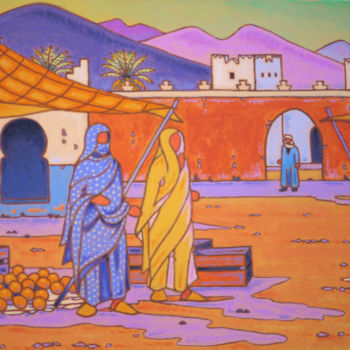 Painting titled "souk à Ifni" by Gilles Mével, Original Artwork, Acrylic Mounted on Wood Stretcher frame