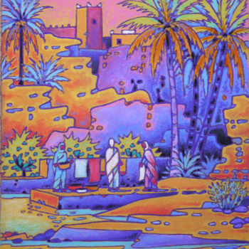 Pintura titulada "oasis du sud Maroca…" por Gilles Mével, Obra de arte original, Pastel Montado en Cartulina