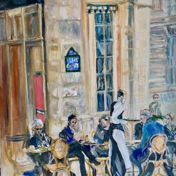 Painting titled "Cafe Nemours Paris" by Gina Son, Original Artwork, Oil